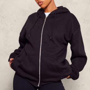 Black Oversized Zip Up Plain Front Hoodie